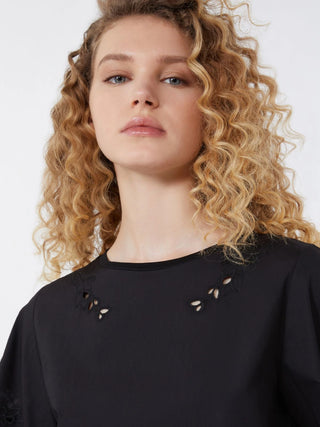 TOP IN POPELINE DI COTONE CON RICAMI - NERO