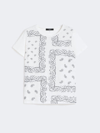 T-SHIRT IN LINO RICAMATO E JERSEY DI COTONE STRETCH - BIANCO