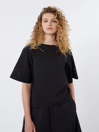 TOP IN POPELINE DI COTONE CON RICAMI - NERO