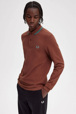 Polo con Doppia Riga Maniche Lunghe Fred Perry Marrone da Uomo